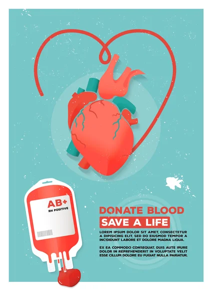 Vector illustration. Creative donor poster. Blood Donation. World Blood Donor Day banner. Human heart and blood bag. Medical design elements. Grunge texture.