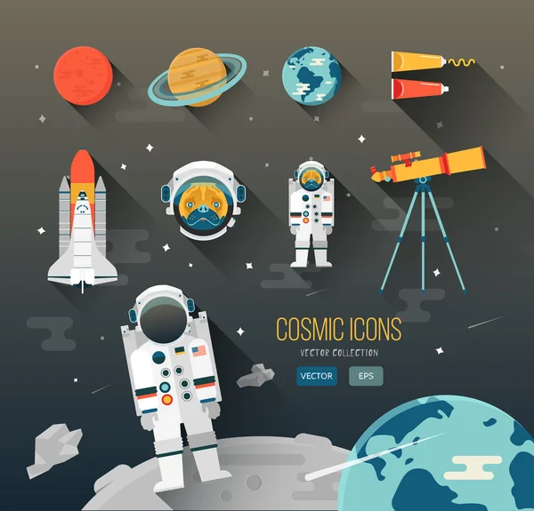 Illustrazione dello spazio educativo piatto vettoriale. Pianeti del sistema solare. Astronauta del programma spaziale. Carino il carlino dei personaggi. Space Shuttle. Telescopio. Cibo spaziale. Pianeta Marte, Saturno, Terra. Design icona dello spazio — Vettoriale Stock