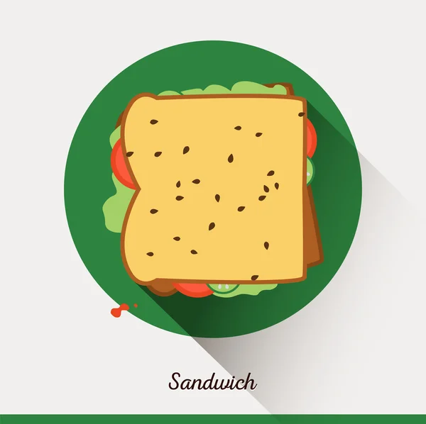 Vector minimalist food icon. Sandwich with tomatoes, lettuce, sesame seeds, cucumbers.  Toast in a flat style, office snack. — Διανυσματικό Αρχείο