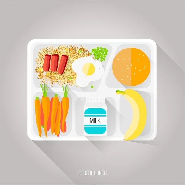 Vector illustration. Flat style. School lunch. Healthy food for students. Beef and vegetable fried rice. Green peas. Omelet. Boiled carrots. Small packaging milk. Sesame bun. Banana. Cardboard tray. — 스톡 벡터