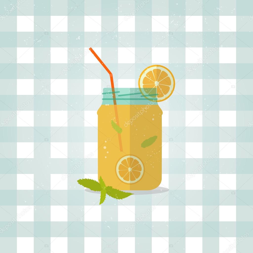 Vector icon lemonade illustration. Minimalist food icon in flat style. Refreshing drink from lemons with herbs. Lemon Barley. Checkered tablecloth background.