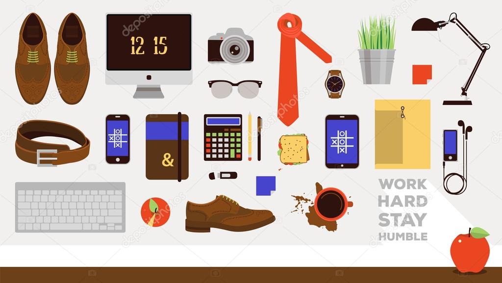 Vector workplace concept. Set of business icons in flat design. Every day carry businessman office items collection. Outfit accessories, things, tools, devices, essentials, equipment. Man workplace