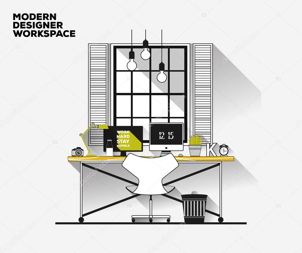 Thin line flat design. Modern designer workplace. Vector loft interior. Desk concept.Creative office workspace. Icon collection of business work flow items, elements. Freelancers workplace at home. 