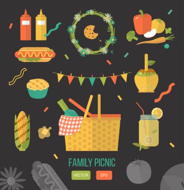 Vector illustration family picnic. Summer, spring barbecue and picnic icons set. Flat style. Snacks, vegetables, healthy food. Family party items, decorations, food. Romantic dinner, lunch for lovers