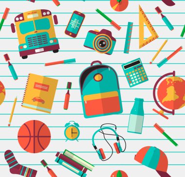 Back to school background. Vector Illustration. Back to school seamless pattern on line notebook paper. High school object college items.
