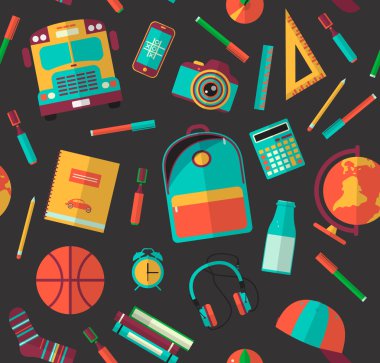 Back to school background. Vector Illustration. Back to school seamless pattern on a dark background. High school object college items.