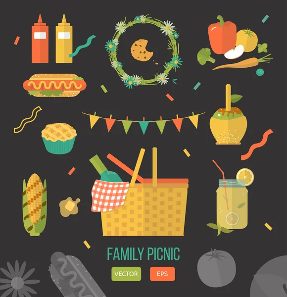 Векторная иллюстрация семейный пикник. Лето, весеннее барбекю и набор икон для пикника. Плоский стиль. Закуски, овощи, здоровая еда. Семейные вещи, украшения, еда. Романтический ужин, обед для влюбленных — стоковый вектор