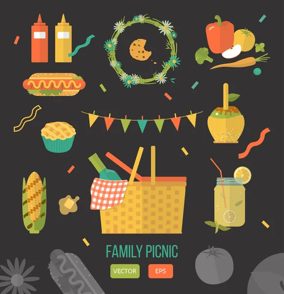 Picnic in famiglia con illustrazione vettoriale. Estate, barbecue primaverile e set di icone per picnic. Stile piatto. Snack, verdure, cibo sano. Articoli per feste di famiglia, decorazioni, cibo. Cena romantica, pranzo per gli amanti — Vettoriale Stock