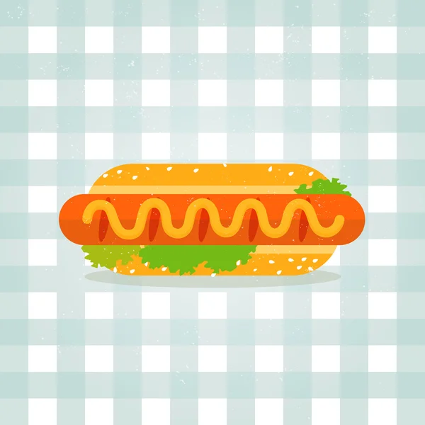 Icono vectorial ilustración perro caliente. Icono de comida minimalista en estilo plano. Salchicha en un bollo. Lechuga, sésamo, mostaza. fondo de mantel a cuadros . — Vector de stock