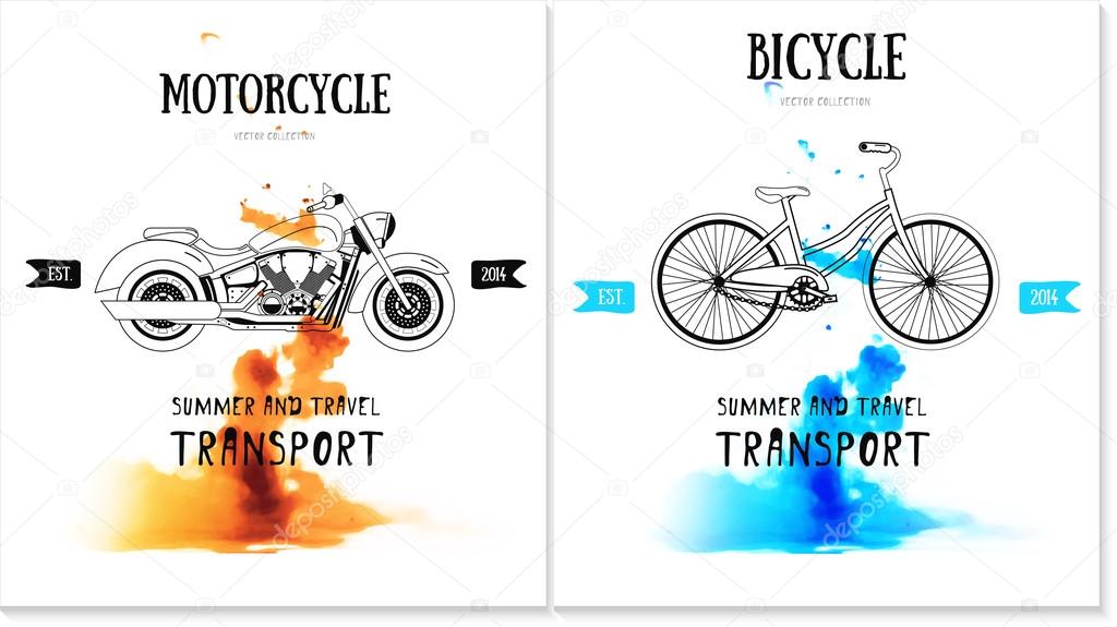 Vector card design with bicycle, motorcycle logo. For repair, rent or pictures for printing on T-shirts. 