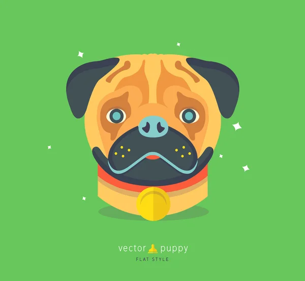 Vector illustration of funny pug dog. Cute animal character for print, card. Colorful flat style. Puppy icon. — Stock Vector