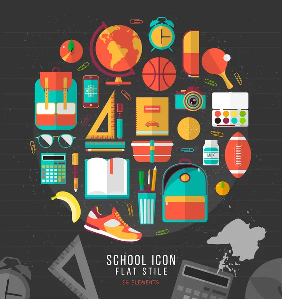 Ilustración escolar sobre fondo de papel cuaderno en línea. Iconos de educación vectorial establecidos en estilo plano . — Vector de stock