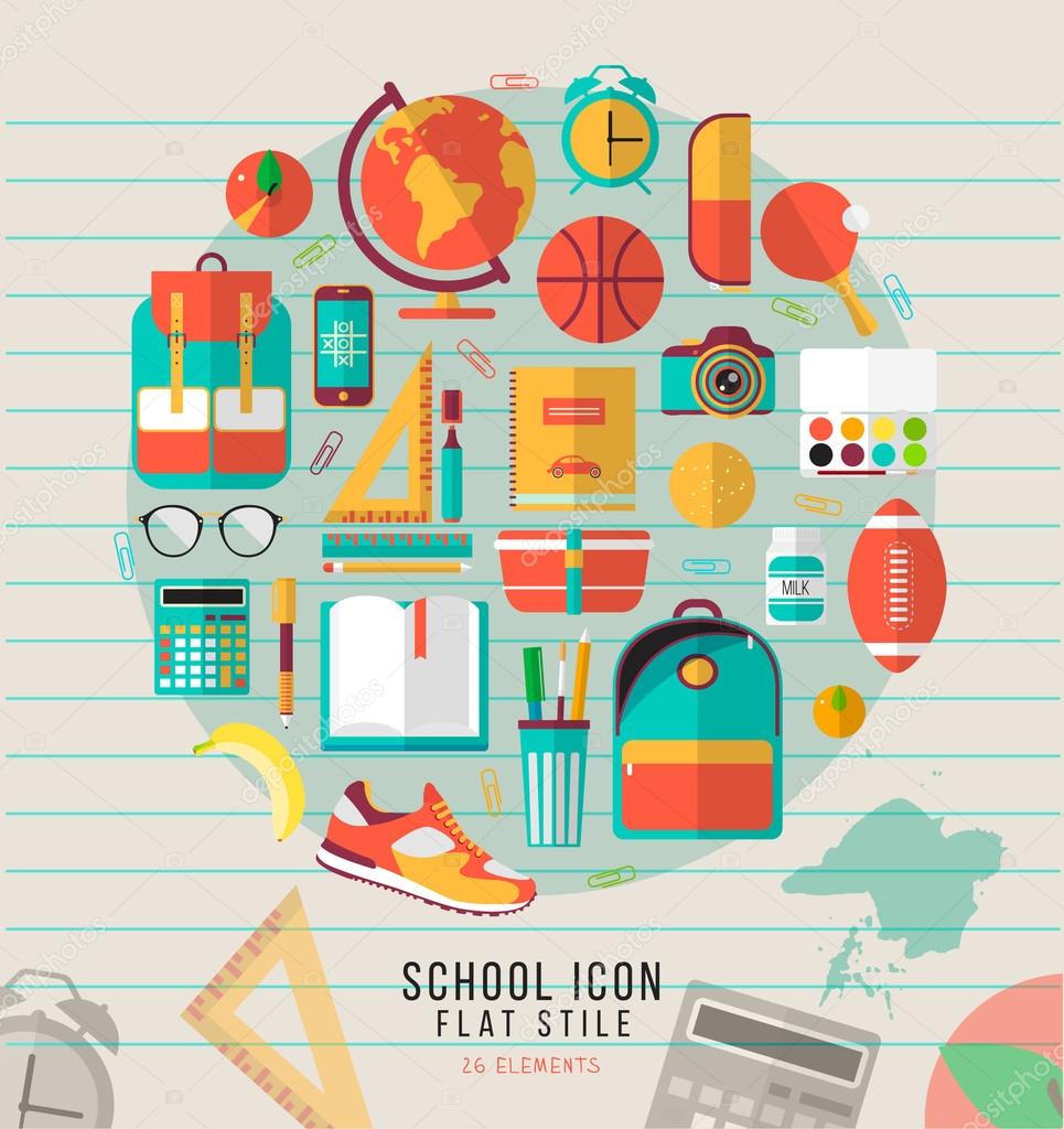 Education icons set in flat style. Back to school creative card with teenager objects. illustration for sketchbook, diary, notebook