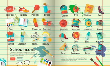 Büyük vektör okul çizim satırı defter kağıt üzerinde. Eğitim Icons set. Geri okul yaratıcı arka plan için genç nesnelerle