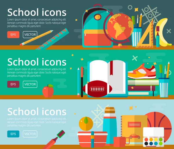 Conceptos de diseño plano vectorial de la educación. Banderas horizontales con artículos escolares. De vuelta a los conceptos escolares. Conjunto de iconos de escuela de educación . — Vector de stock