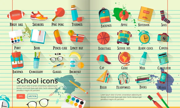 Ilustración de gran escuela vectorial en papel cuaderno en línea. Conjunto de iconos educativos. Volver a la escuela fondo creativo con objetos adolescentes — Vector de stock