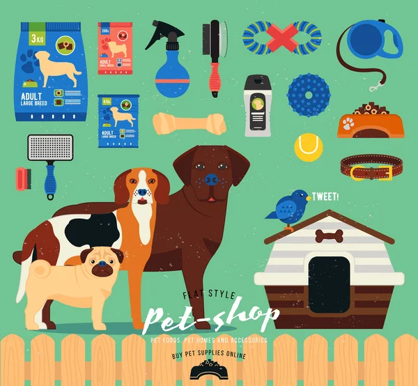 Pet shop set. Grooming icons set. Flat  illustration of accessories, toys, goods for care of pets. Stylized dog breed: pug, labrador, beagle — Stock Vector