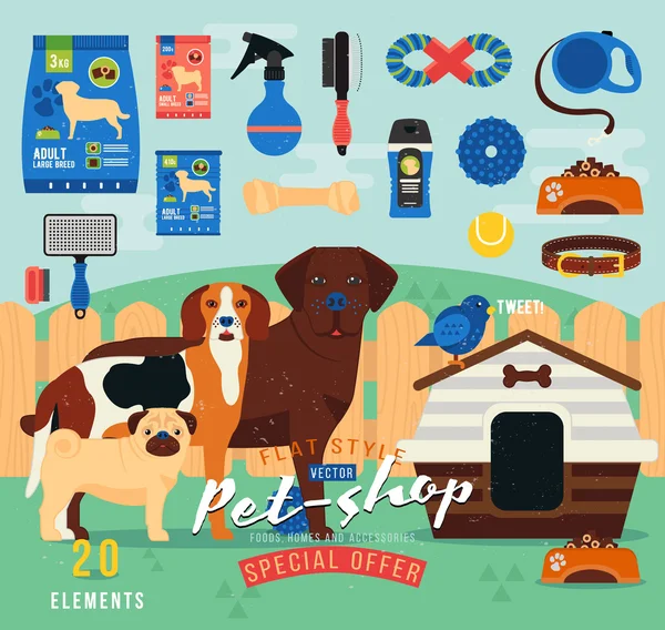 Conjunto de artículos para mascotas. Icono de aseo vectorial. Ilustración de accesorios, juguetes, artículos para el cuidado de mascotas. Plano — Vector de stock