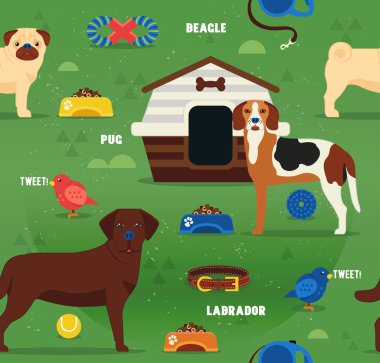 Safkan köpekler ile sorunsuz patten tasarım vektör. Pug, beagle, düz stil içinde labrador.