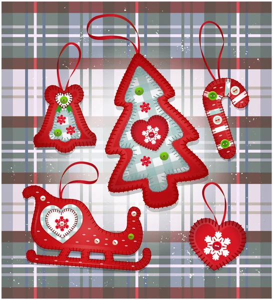 Jouets vectoriels du Nouvel An pour sapin de Noël. Décor fait à la main avec de jolis ornements et boutons. Collection de jouets textiles . — Image vectorielle