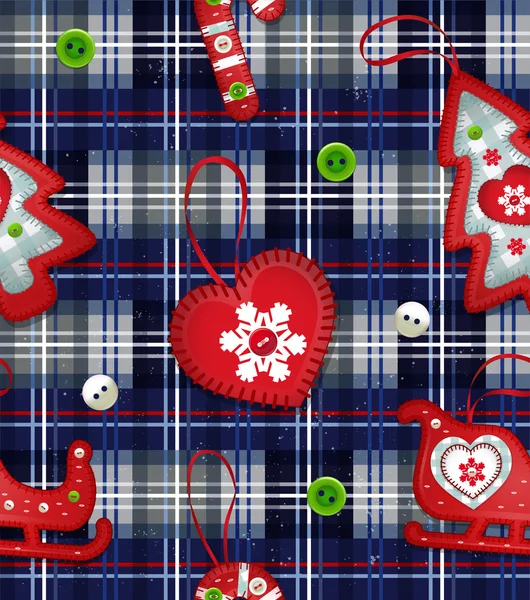 Padrão de Natal sem costura vetorial. Ano Novo fundo tartan azul escuro. Brinquedos feitos à mão — Vetor de Stock