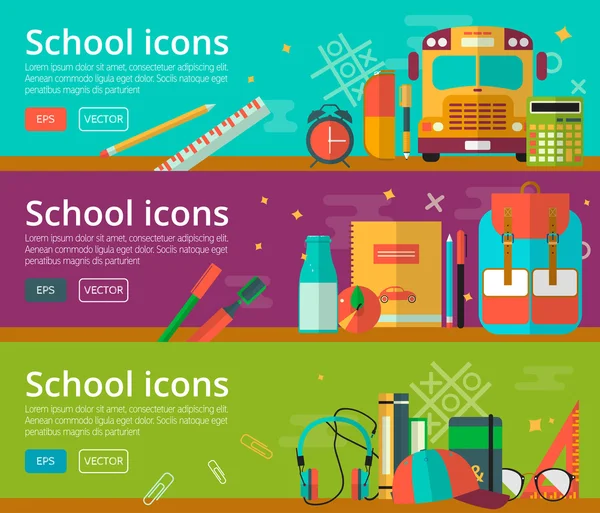 Diseño plano vectorial de conceptos educativos. Banderas horizontales con objetos de estudiante. Volver a la escuela fondo para la web — Archivo Imágenes Vectoriales