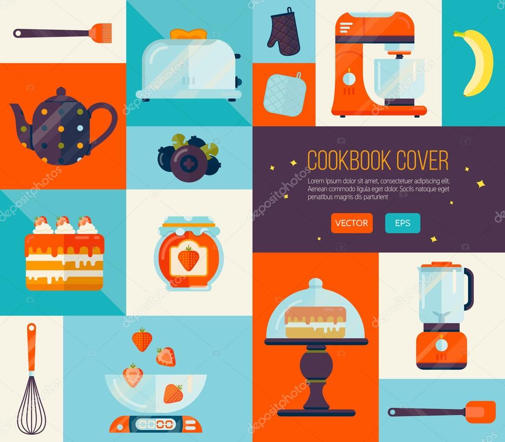 Cookbook cover in bright colors. Big vector cook icons set. Collection of kitchen items, flat style.