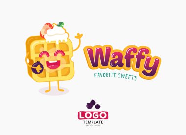 Vektör yiyecek logo tasarımı. Belçika waffle dondurma ve beyaz arka plan üzerinde izole çilek ile.
