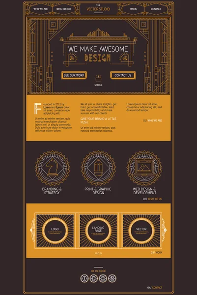 Vektorové jednu šablonu stránky webu kreativní design studio služeb. Design ve stylu módní art deco — Stockový vektor