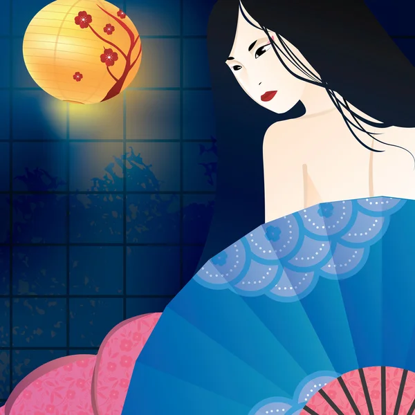 Geisha et ventilateur bleu — Image vectorielle