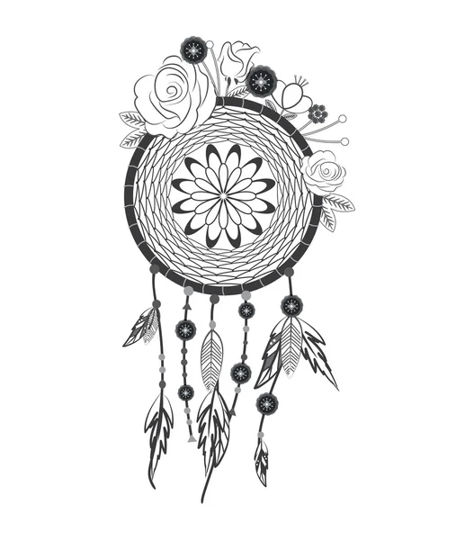 Mão desenhado nativo americano dreamcatcher com flores — Vetor de Stock