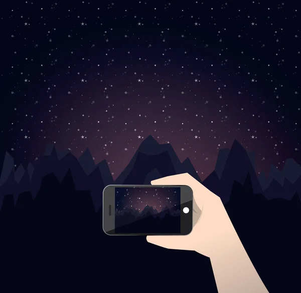 Telefono in mano. Foto di montagne su smartphone . — Vettoriale Stock