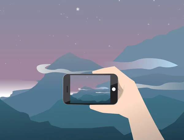 山で日の出のベクトル図旅行写真 — ストックベクタ