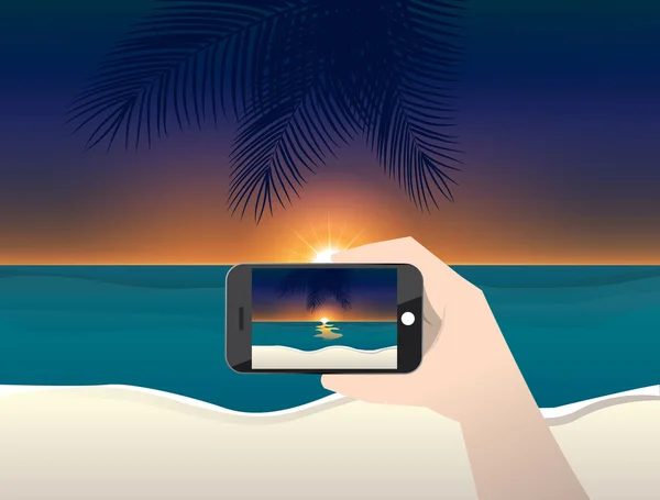 Illustration vectorielle photo de voyage du coucher du soleil et la plage — Image vectorielle