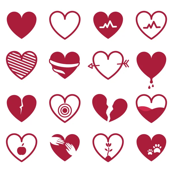 Conjunto de iconos corazones rojos aislados sobre fondo blanco . — Vector de stock