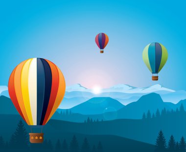 Dağların üzerinden uçan renkli sıcak hava baloons. 