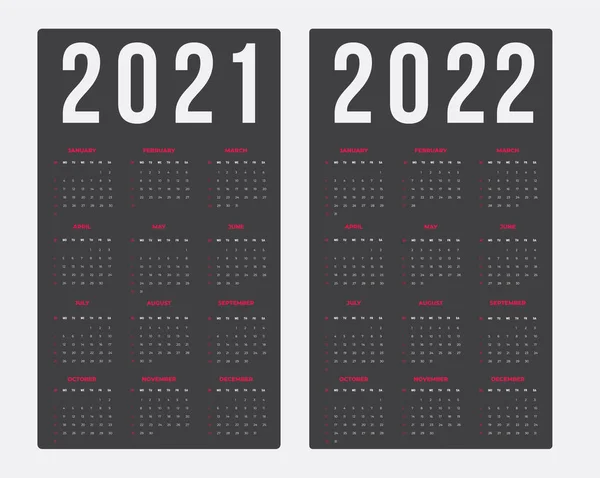 Calendario para 2021-2022 sobre un fondo oscuro. De domingo a lunes, plantilla de negocio — Archivo Imágenes Vectoriales