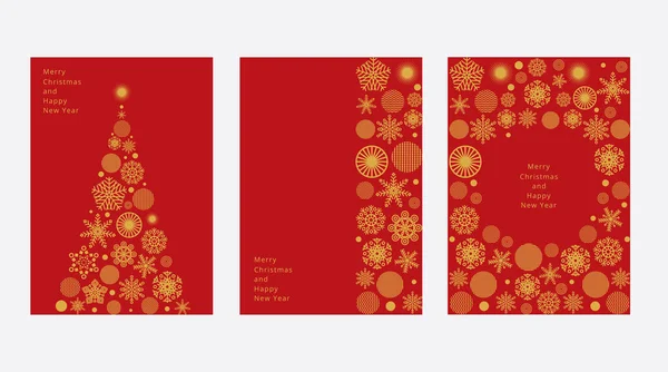 Concepto de Feliz Navidad y Feliz Año Nuevo conjunto de carteles. Plantillas de diseño sobre fondo rojo con copos de nieve dorados para la celebración y decoración de temporada. — Archivo Imágenes Vectoriales