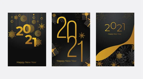Concept of Happy New Year posters set. Design templates on dark background with black and gold snowflakes for celebration and season decoration. — Stock Vector