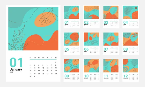 Kalender 2022 mall vektor, Set Desk kalender 2022, vägg kalender design, Planner, Vecka börjar på söndag, vertikal layout, — Stock vektor