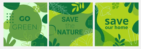 Set van Ecologische banners met groene achtergronden, vloeibare vormen, bladeren en elementen. Indelingen voor prints, flyers, covers, banners design. — Stockvector
