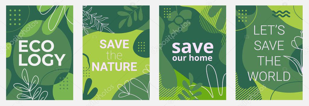 Set of Ecological posters with green backgrounds, liquid shapes, leaves and elements. Layouts for prints, flyers, covers, banners design