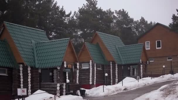 Дерев'яний будинок в сосновому лісі — стокове відео
