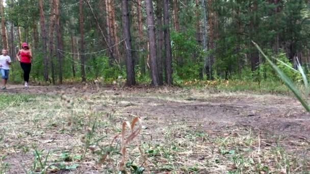 Ibu dan anak terlibat dalam kebugaran di hutan — Stok Video