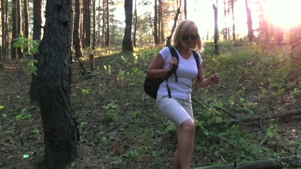 Mujer viaja por el bosque. cámara lenta — Vídeos de Stock
