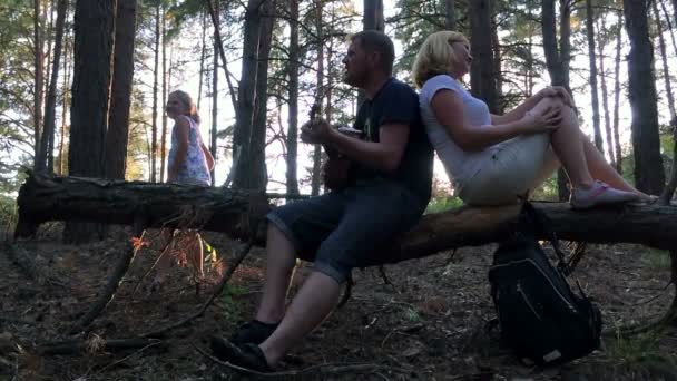 Die Familie im Wald spielt Gitarre — Stockvideo