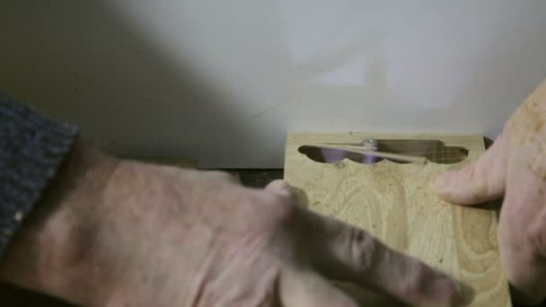 O homem trabalha na máquina com madeira — Vídeo de Stock