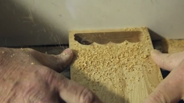 El hombre trabaja en la máquina con madera — Vídeo de stock