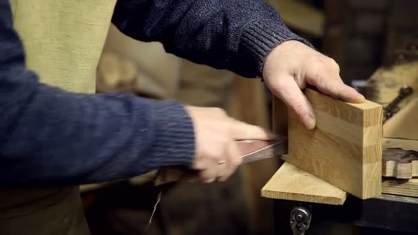 Людина наждачний папір подрібнює деревину — стокове відео