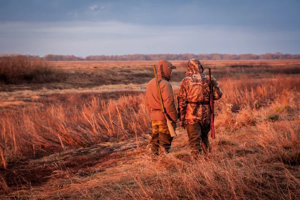 寻找猎物在日出时在农村领域狩猎的猎人 — 图库照片
